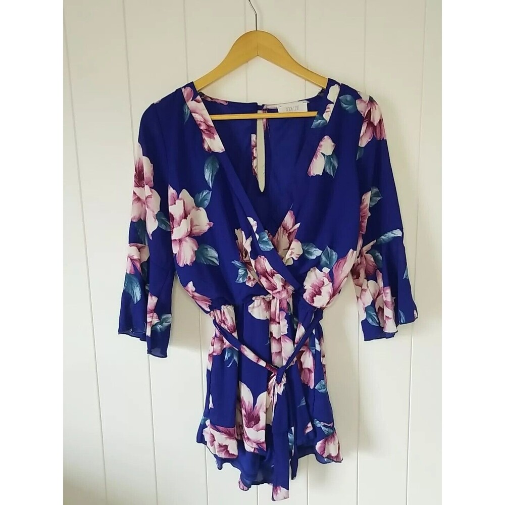 Peach Love Romper Womens Size Medium Blue Pink White Boho Belt Festival